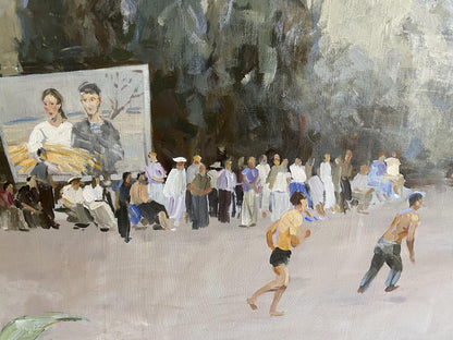 Vibrant impressionistic oil painting of Alushta city with bustling scene and wheat portrait