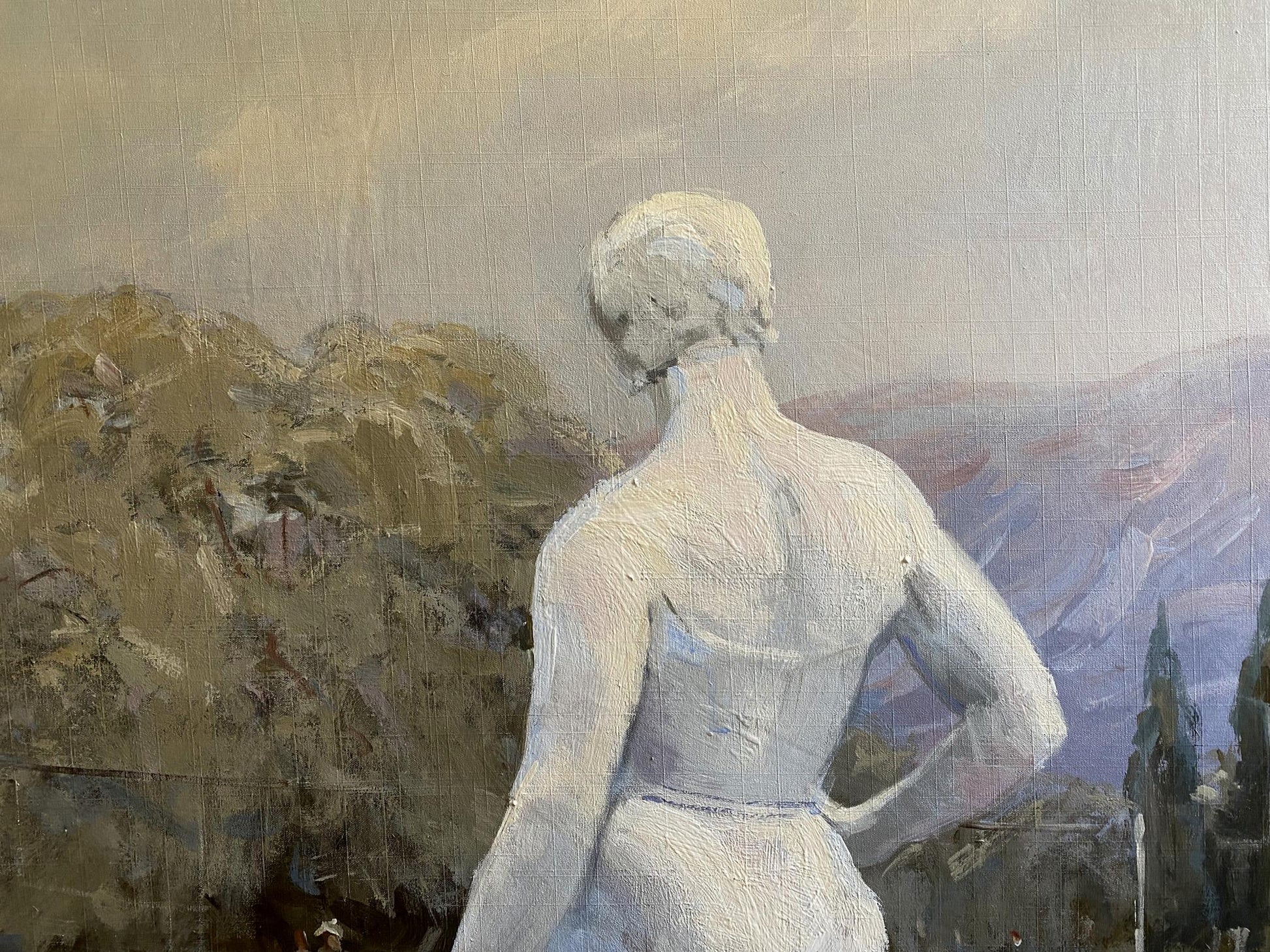 Oil painting of Alushta city: figure in white dress, hand on hip