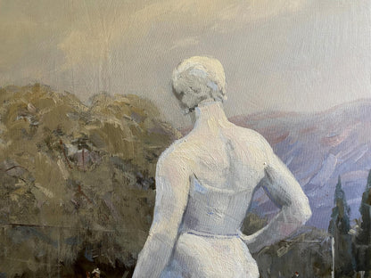 Oil painting of Alushta city: figure in white dress, hand on hip