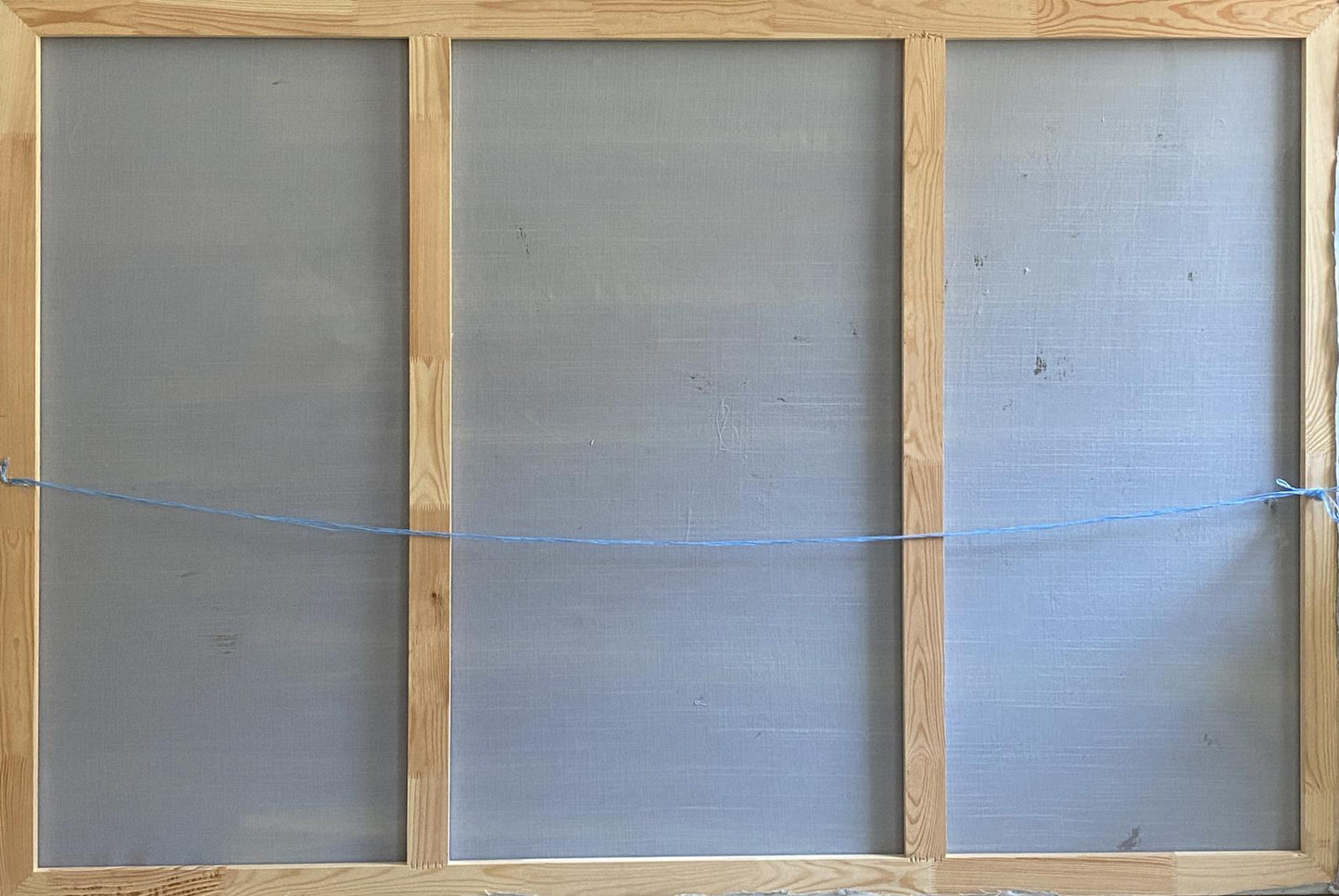 Oil painting Alushta city triptych with gray panels and blue string