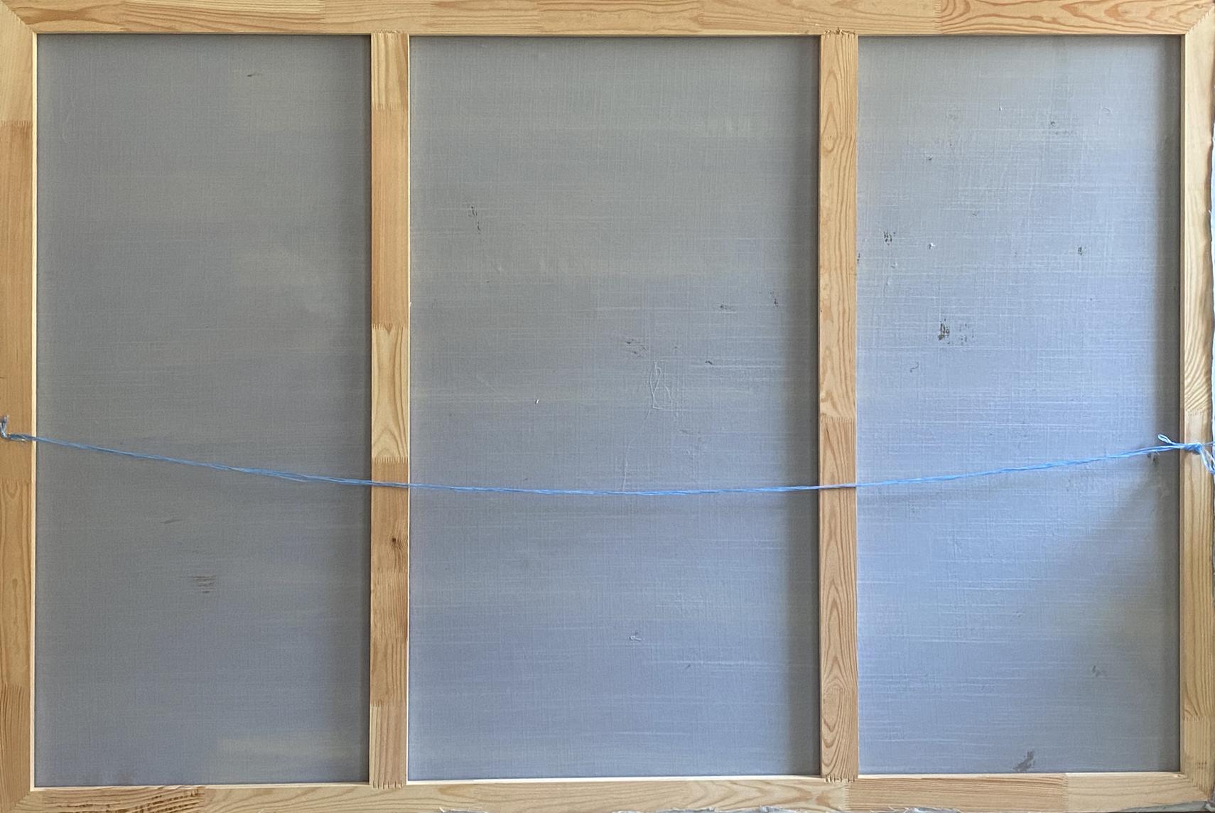 Oil painting Alushta city triptych with gray panels and blue string