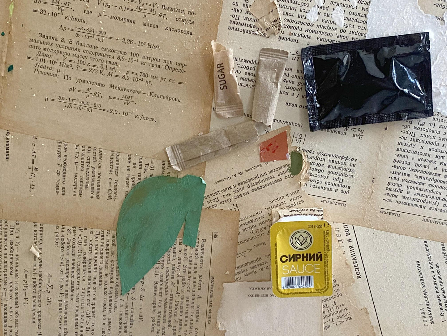 Yellow sauce packet with Cyrillic text on Oil painting Flowers by Samchuk Vasily Alexandrovich