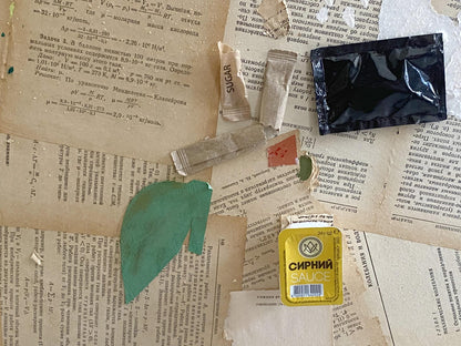 Yellow sauce packet with Cyrillic text on Oil painting Flowers by Samchuk Vasily Alexandrovich