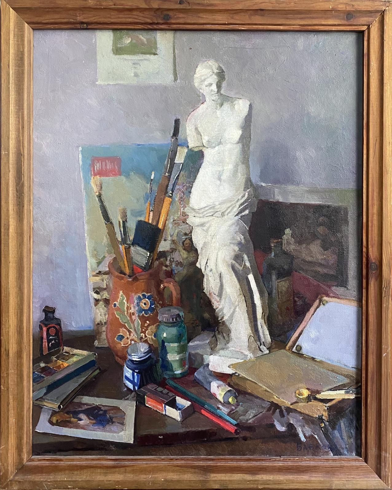 Oil painting by Babkova Alexandra Andreevna of draped marble statue in studio