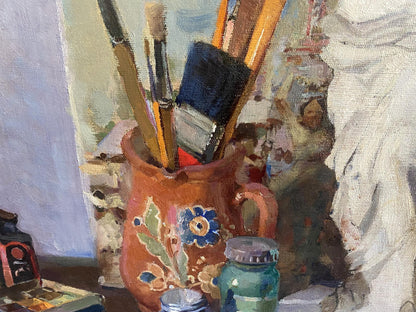Terracotta vase with blue green floral design by Babkova Alexandra Andreevna