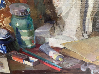 Oil painting Desktop Babkova Alexandra Andreevna jar with art supplies