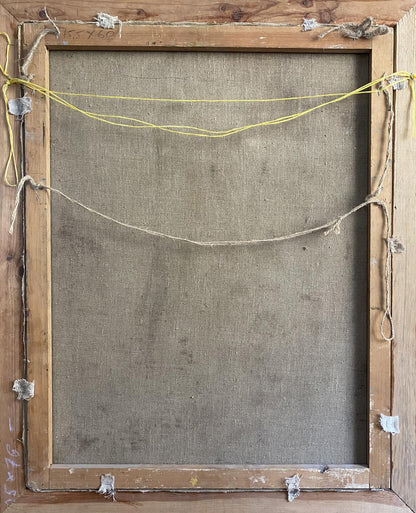 Back of rustic wooden canvas frame with beige linen and yellow string for Babkova oil painting