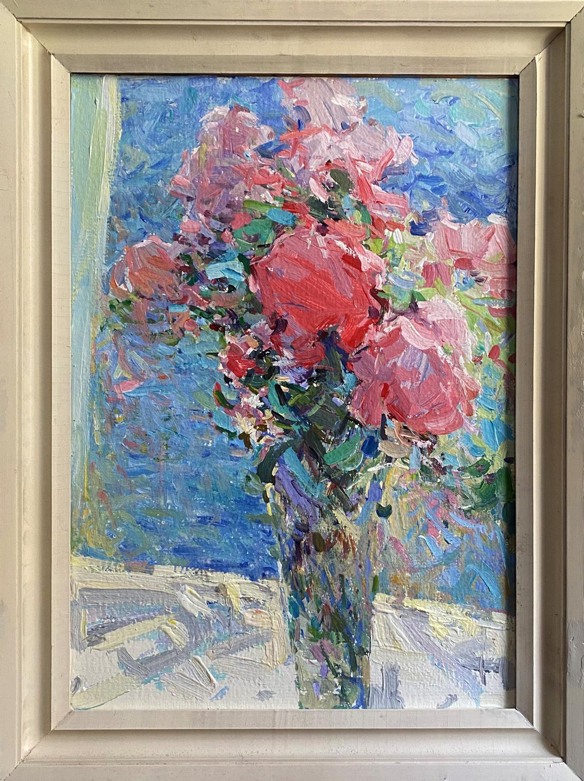 Vibrant impressionist oil painting of pink red roses in vase by Ryman Evgeny Nikolaevich