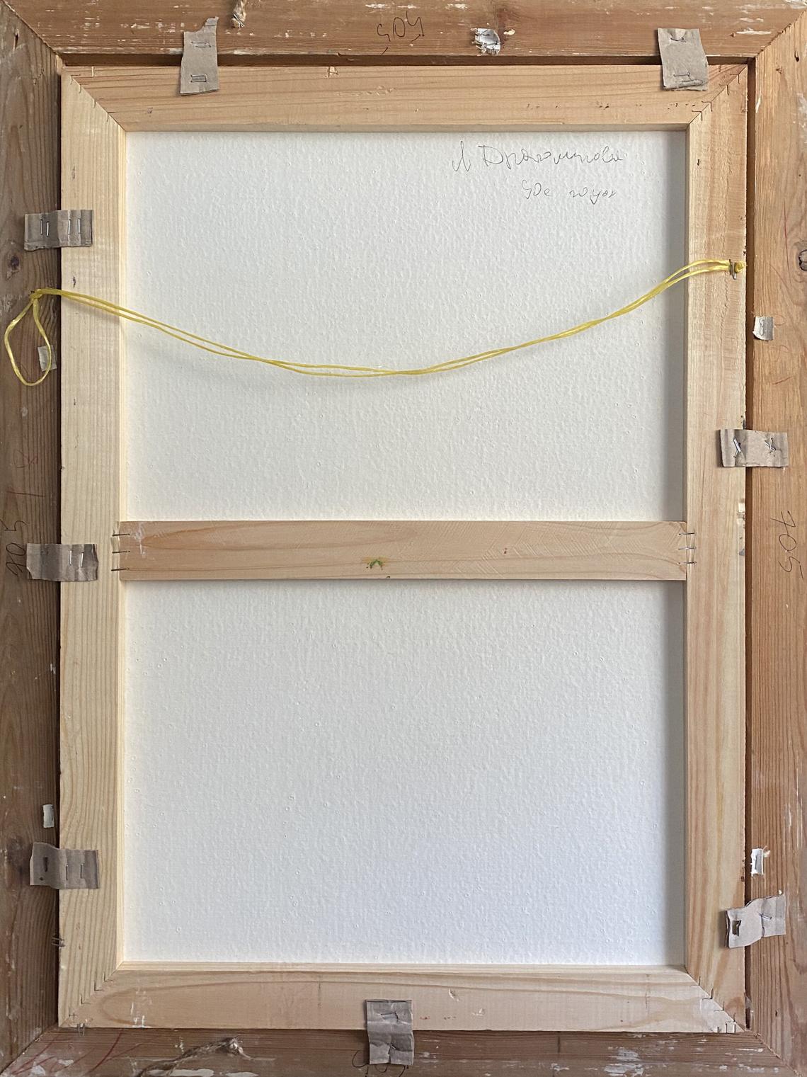 Back of minimalist white canvas in light wood frame with yellow cord, Oil painting Flowers in a vase Ryman Evgeny Nikolaevich