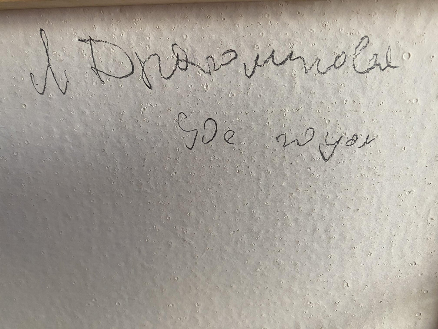 Back of Oil painting Flowers in a vase Ryman Evgeny Nikolaevich with handwritten message