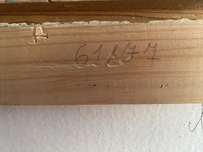 Back of Oil painting Flowers in a vase Ryman Evgeny Nikolaevich on light brown wooden beam with grain and handwritten markings