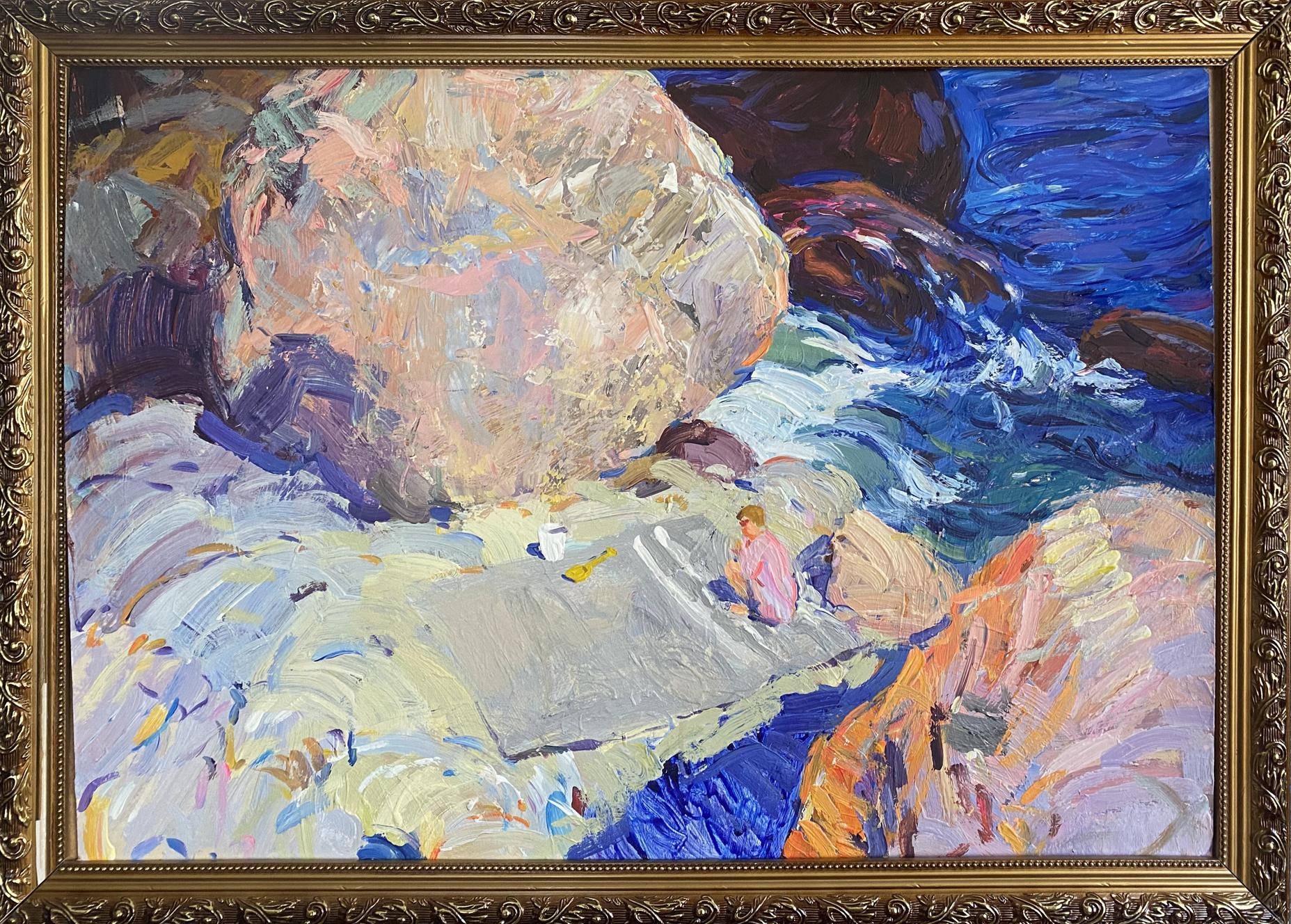 Vibrant impressionist oil painting Rest on the rocky shore by Mamchich in gold frame