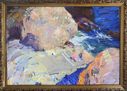 Vibrant impressionist oil painting Rest on the rocky shore by Mamchich in gold frame