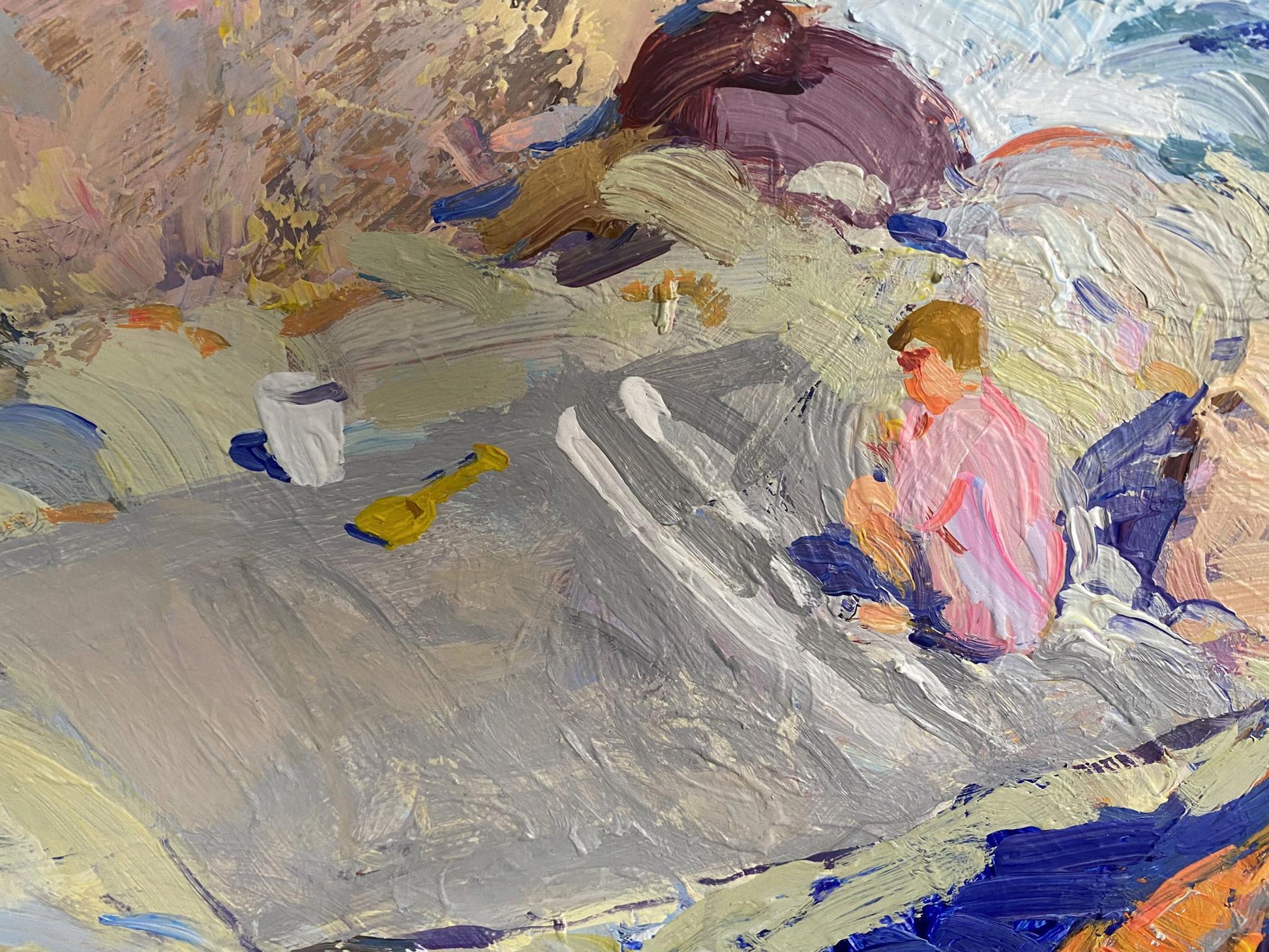 Oil painting by Mamchich Stepan Gavriilovich: child in pink rests on rocky shore