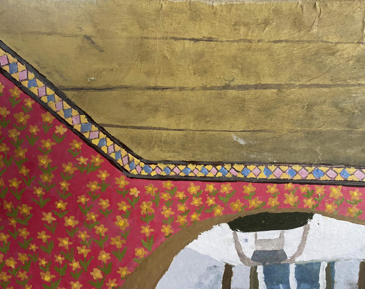 Oil painting Tavern Petr Nagulyak: red fabric with yellow floral pattern, blue-pink border