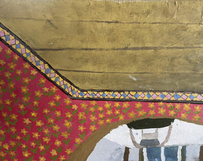 Oil painting Tavern Petr Nagulyak: red fabric with yellow floral pattern, blue-pink border