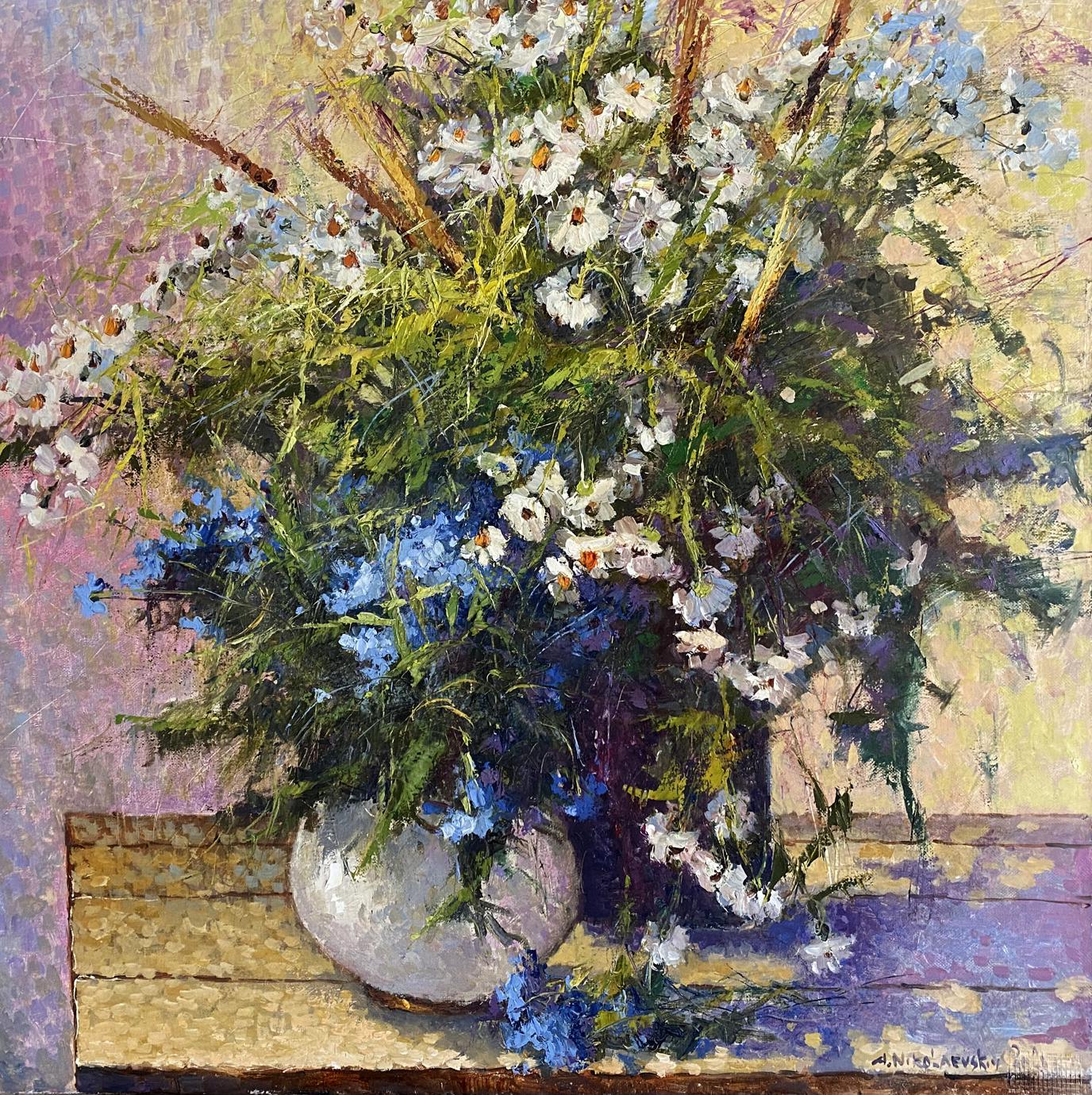 Oil painting of Bouquet of Daisies by A. Nikolaevsky with white ceramic vase of blue wildflowers
