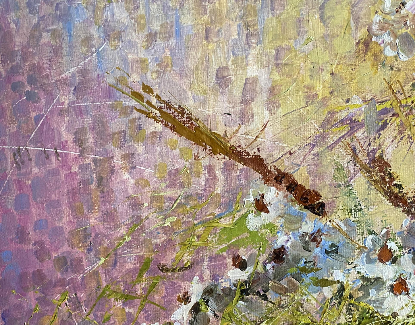 Oil painting Bouquet of daisies by A. Nikolaevsky with purple, yellow, green brushstrokes and white flowers