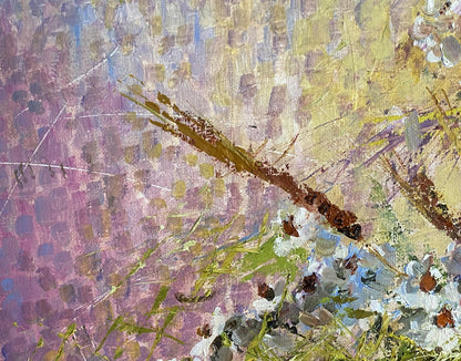 Oil painting Bouquet of daisies by A. Nikolaevsky with purple, yellow, green brushstrokes and white flowers