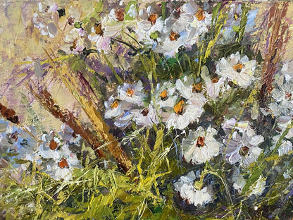 Vibrant impasto oil painting of white daisies bouquet by A. Nikolaevsky