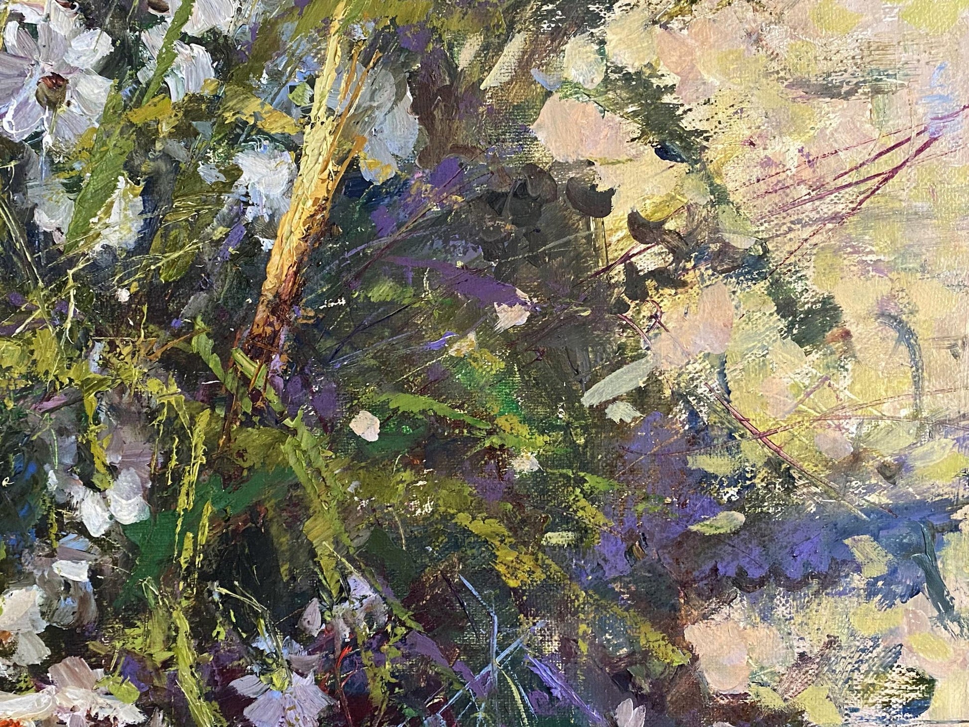 Vibrant oil painting of white purple wildflower bouquet by A. Nikolaevsky