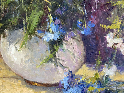 Oil painting of A. Nikolaevsky bouquet of daisies in white vase
