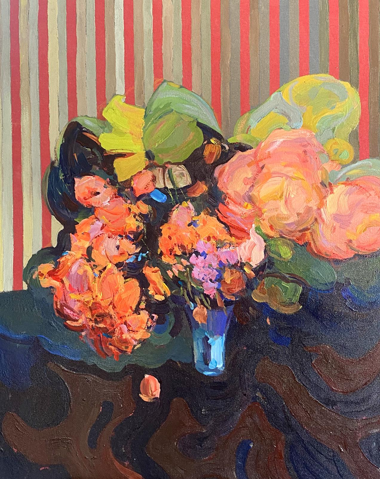 Oil painting Evening still life by Samchuk Vasily Alexandrovich: vibrant orange, pink, purple flowers in blue glass vase