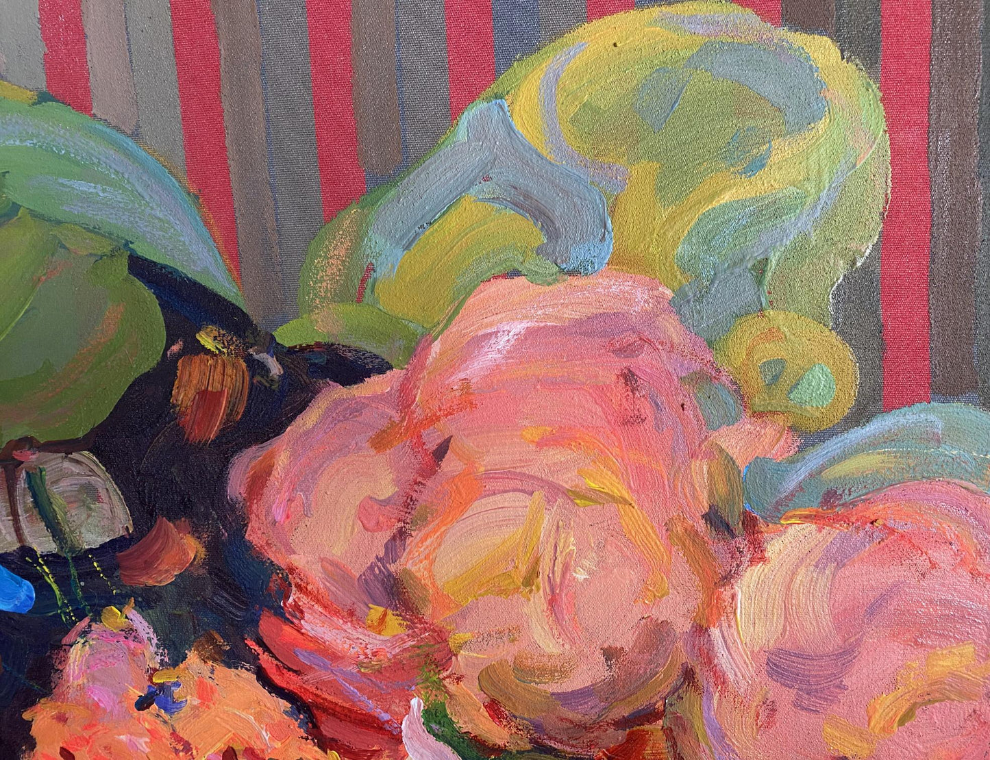 Oil painting Evening still life by Samchuk Vasily Alexandrovich: vibrant pink and orange roses