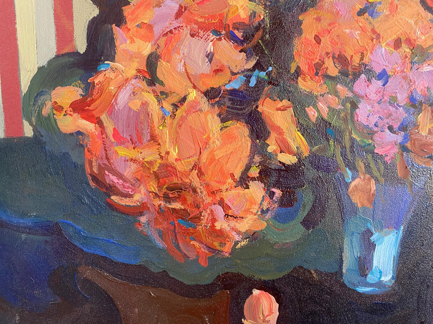Oil painting Evening still life by Samchuk Vasily Alexandrovich: vibrant orange and pink blossoms in translucent blue glass vase