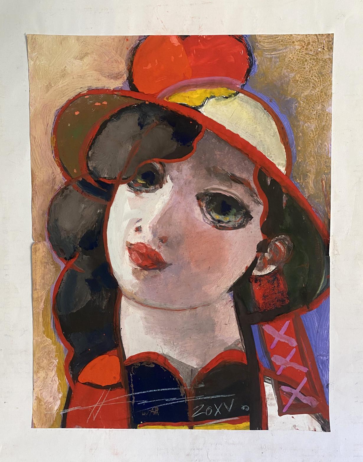 Oil painting portrait of a girl by Nikolai Nikolaevich Prokopenko in red and white hat