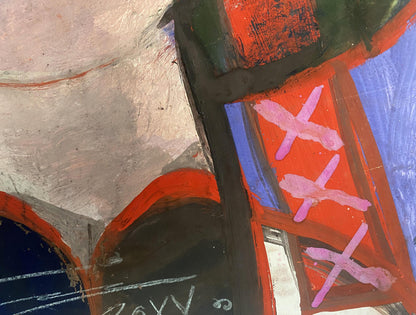 Oil painting portrait of a girl by Nikolai Nikolaevich Prokopenko with abstract red, blue, black, textured white and pink X marks