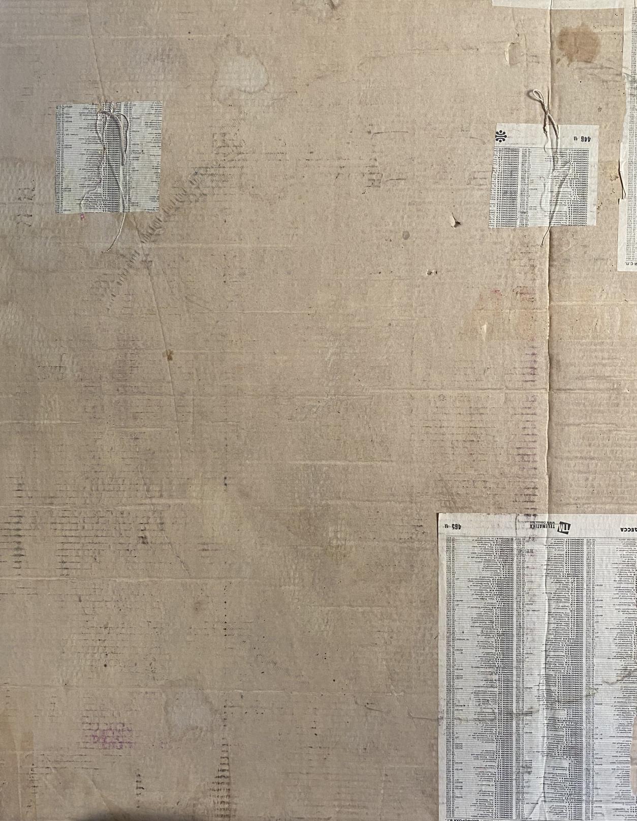 Back of Nikolai Nikolaevich Prokopenko girl portrait with weathered beige cardboard and torn newspaper clippings