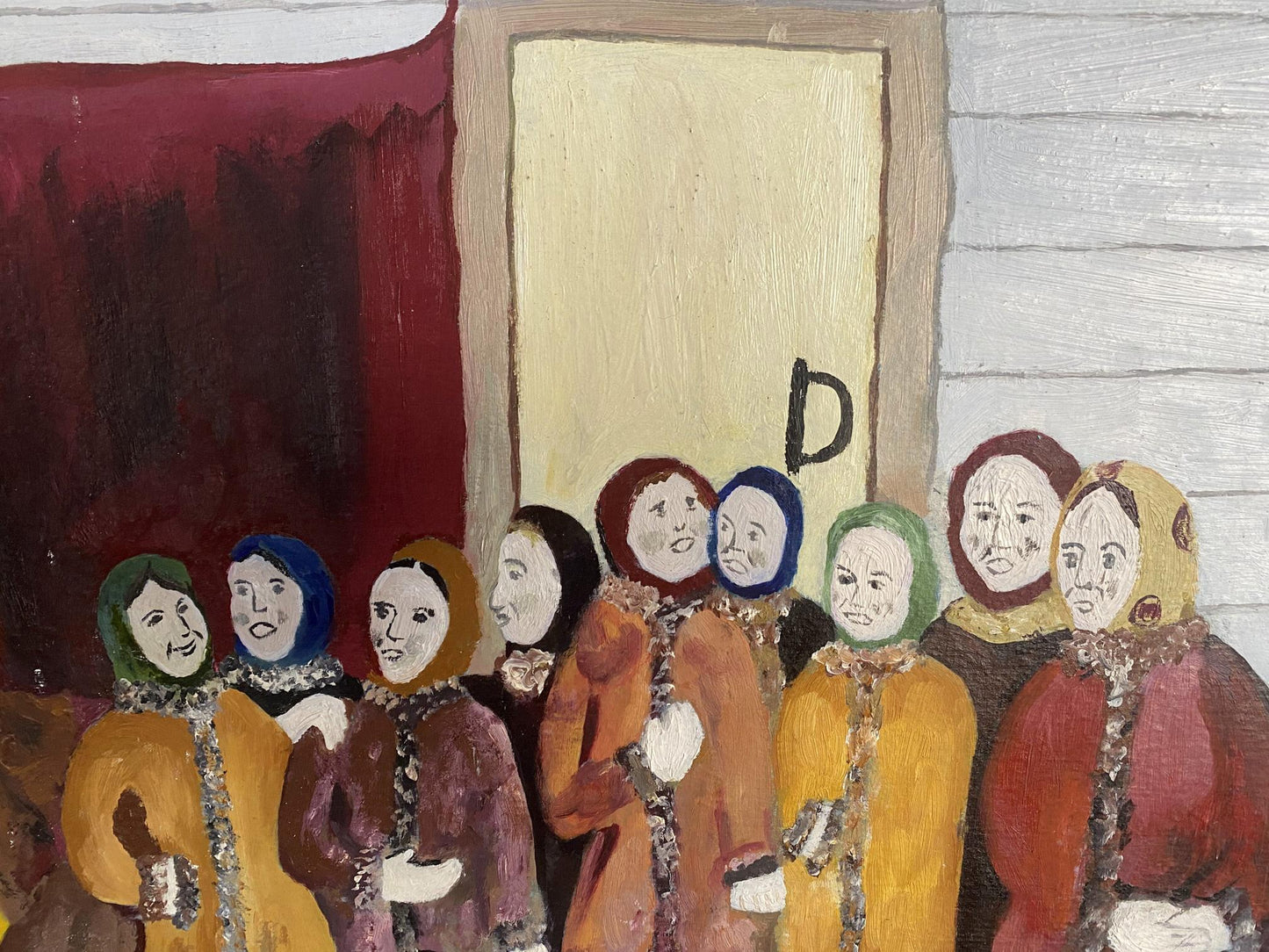 Oil painting by Ryman Evgeny Nikolaevich: women in colorful hooded coats by doorway