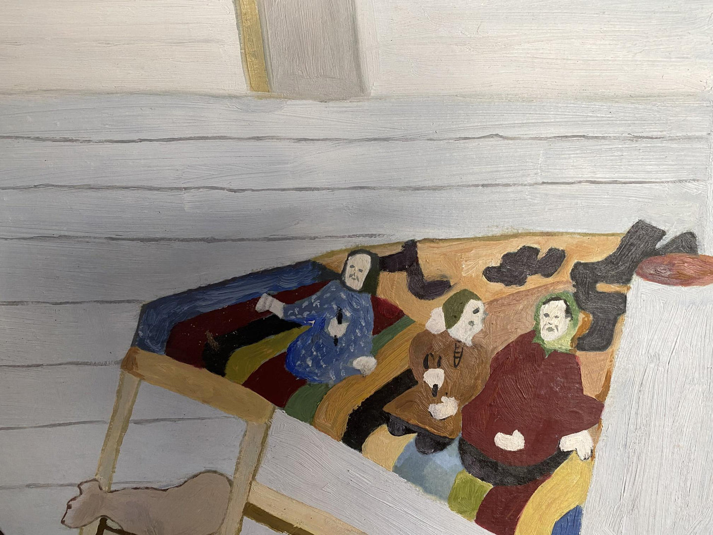 Oil painting by Ryman Evgeny Nikolaevich: wedding bench with 3 figures, red blue stripes
