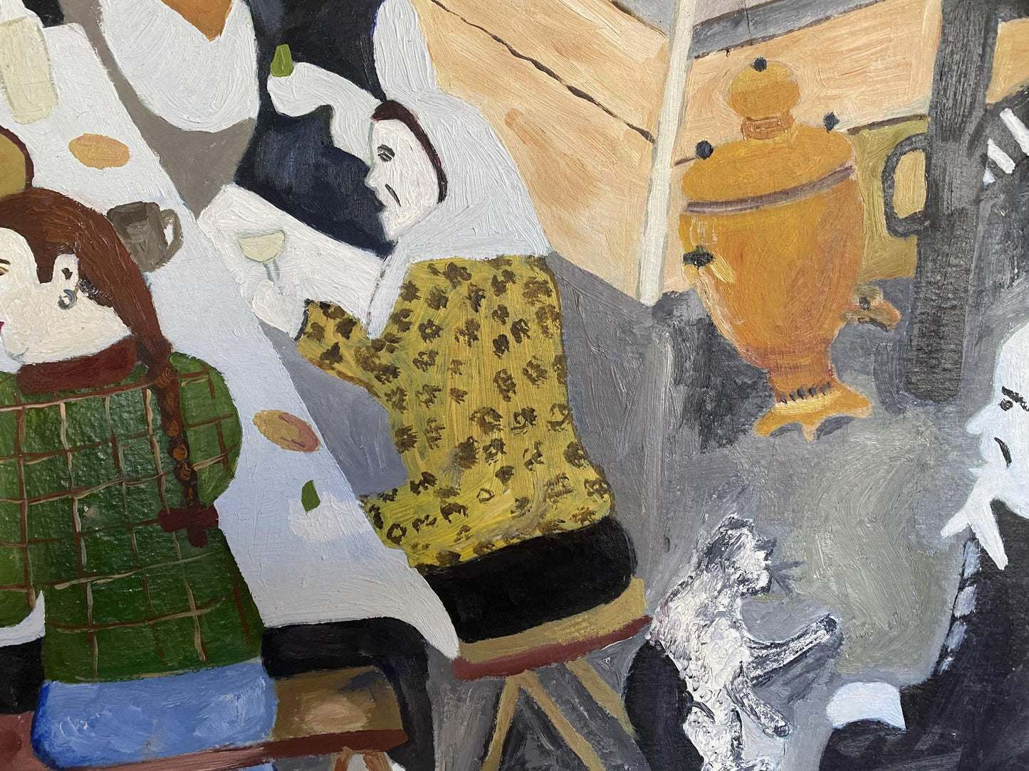 Oil painting of golden samovar with black dots by Ryman Evgeny Nikolaevich