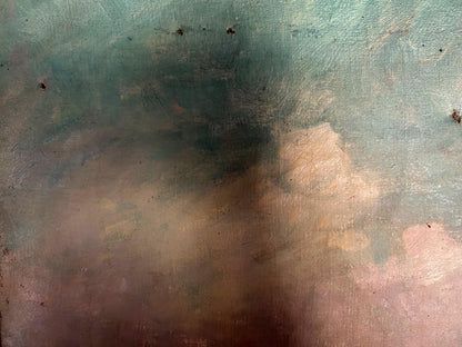 Oil painting Near the River by Ryzhykh Victor Ivanovich in teal peach hues