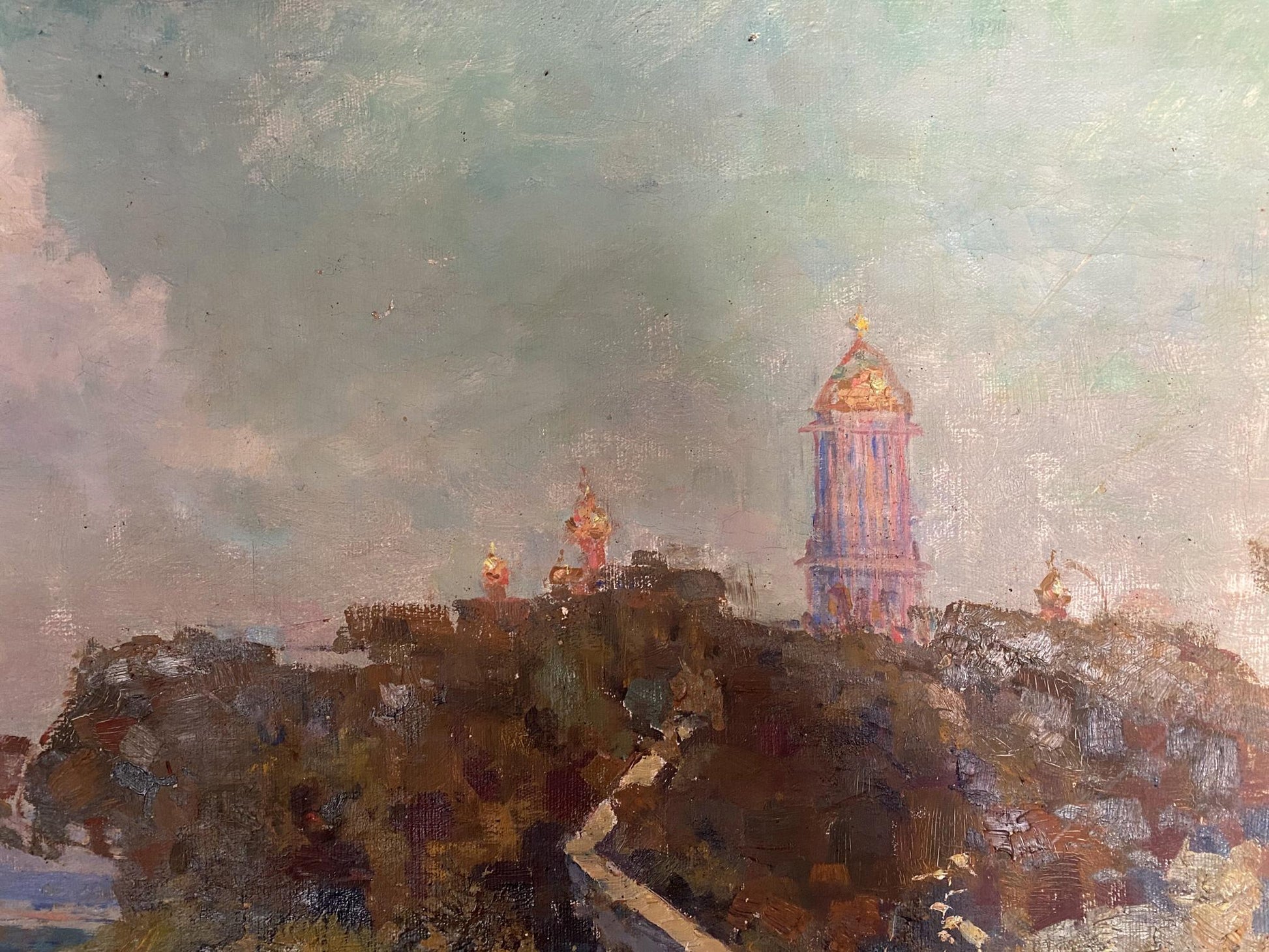 Oil painting by Ryzhykh Victor Ivanovich: ornate tower with golden dome on hillside