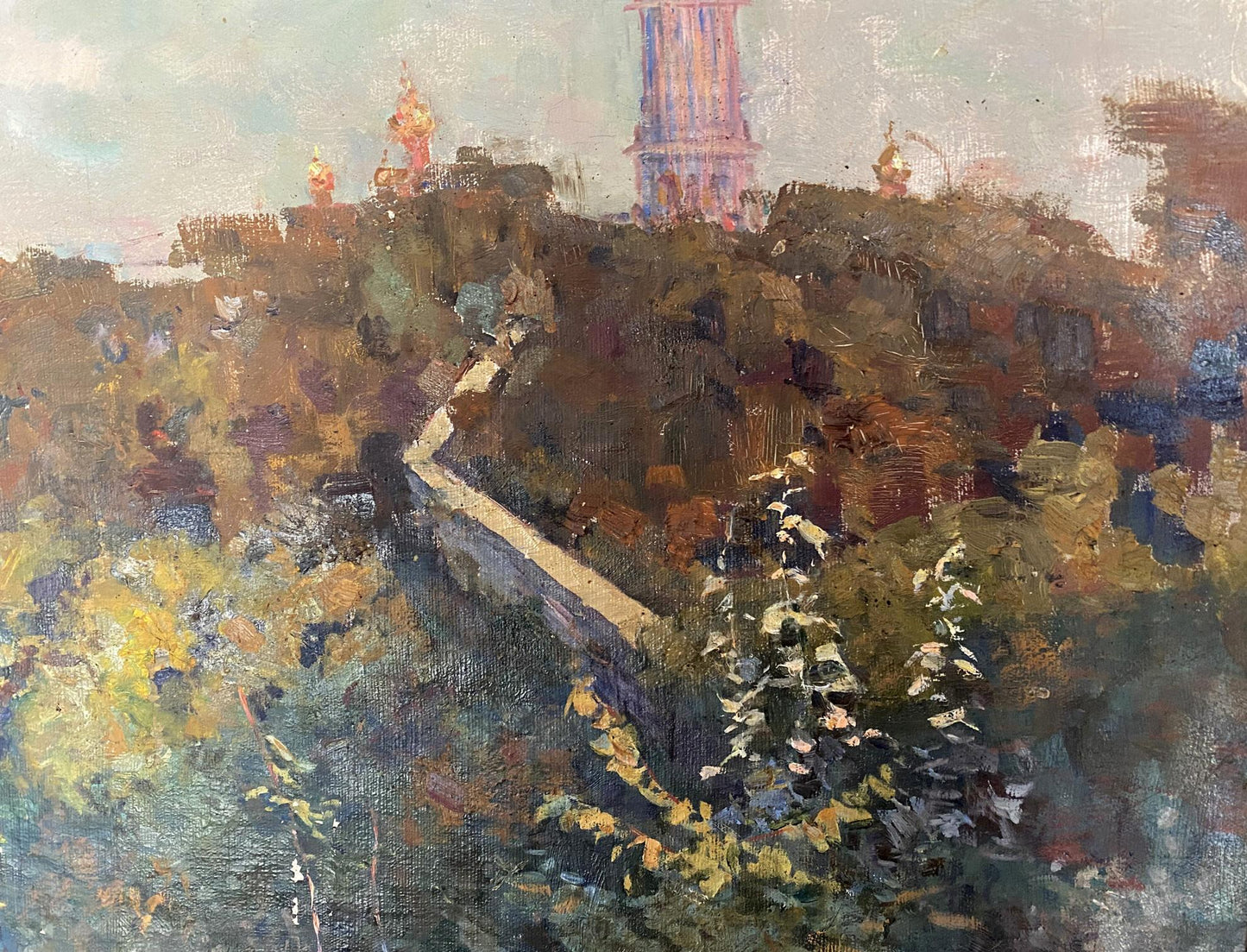 Oil painting by Ryzhykh Victor Ivanovich: autumn path to distant tower