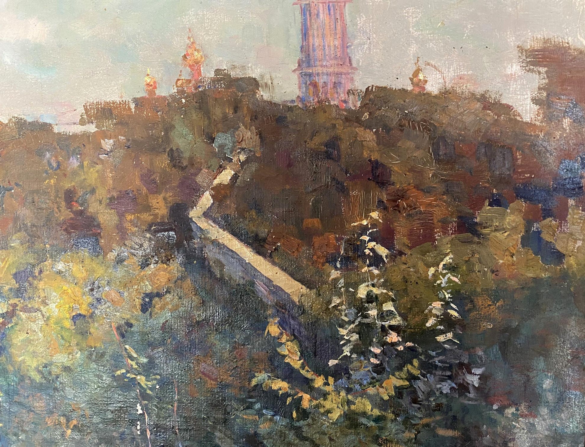 Oil painting by Ryzhykh Victor Ivanovich: autumn path to distant tower