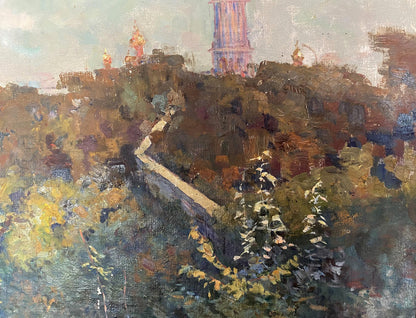 Oil painting by Ryzhykh Victor Ivanovich: autumn path to distant tower