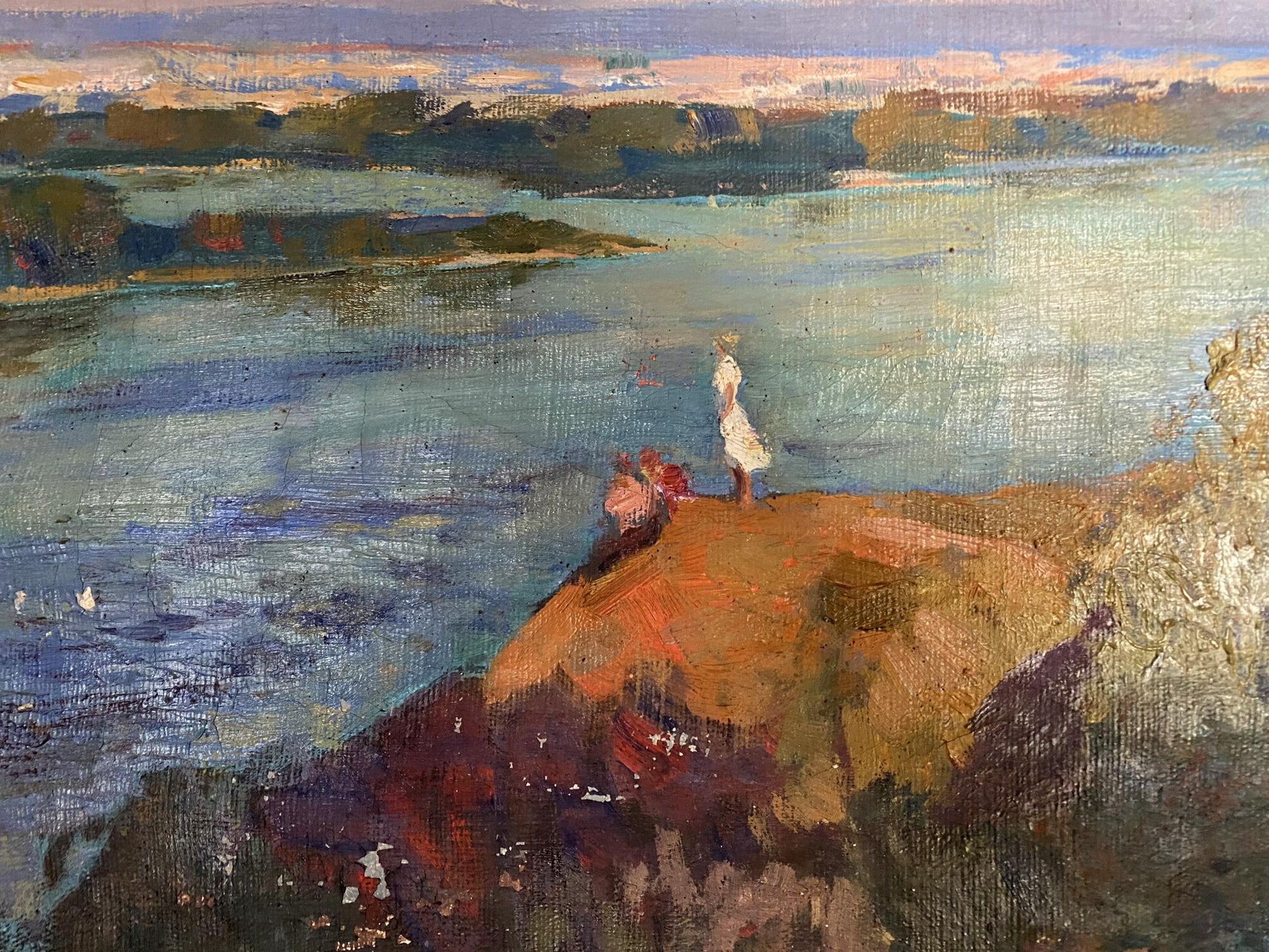 Oil painting by Ryzhykh Victor Ivanovich: solitary figure in white dress on cliff by river