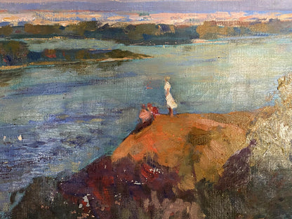 Oil painting by Ryzhykh Victor Ivanovich: solitary figure in white dress on cliff by river