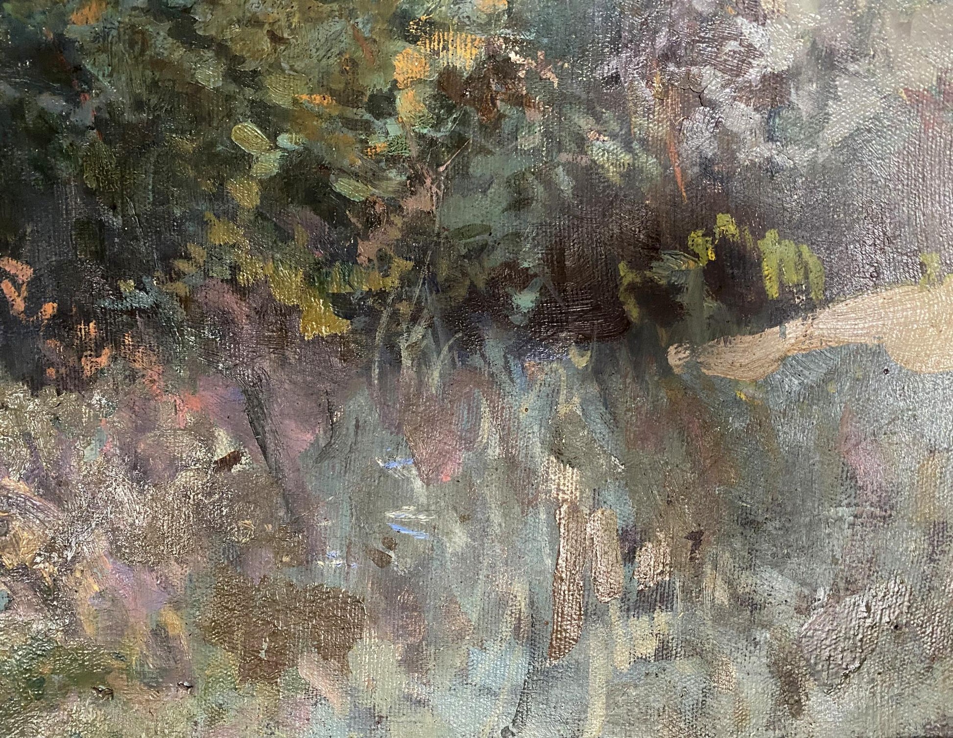 Oil painting Near the River by Ryzhykh Victor Ivanovich lush forest scene