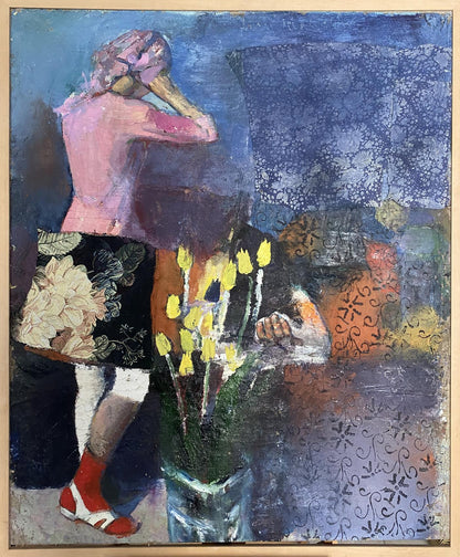 Oil painting Sweet home by Zhalobnyuk Stanislav Vasilievich, pink figure on blue