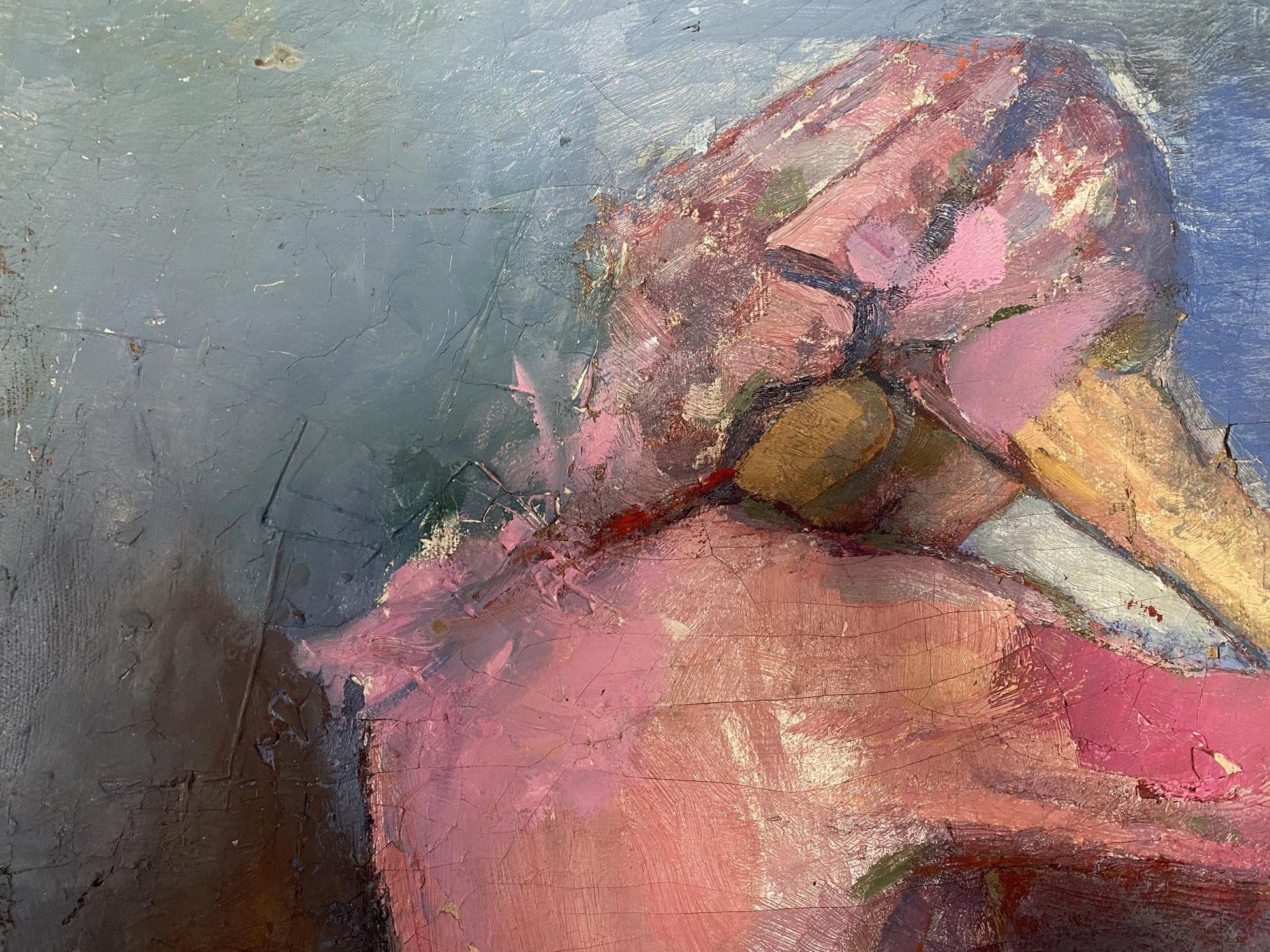 Oil painting Sweet home by Zhalobnyuk Stanislav Vasilievich, pink ochre strokes on gray-blue