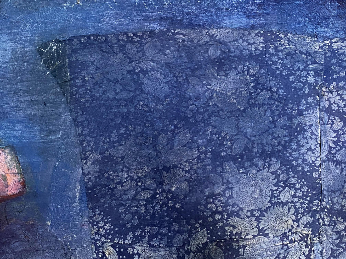 Oil painting Sweet home by Zhalobnyuk Stanislav Vasilievich on dark blue floral fabric