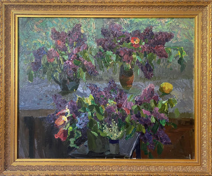 Oil painting of lilacs by Matyushenko Victor Ivanovich in gilded frame