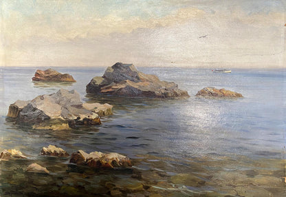 Serene oil painting of rocky coast by Strelov Arkady Efimovich