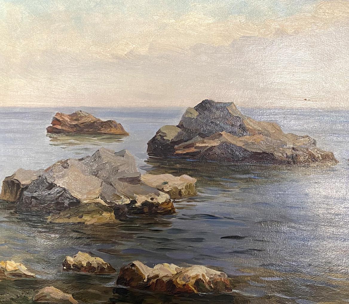 Oil painting by Arkady Efimovich Strelov: rocky coast in calm water