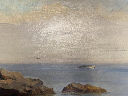 Oil painting by Strelov Arkady Efimovich: small white boat with red flag on rocky coast